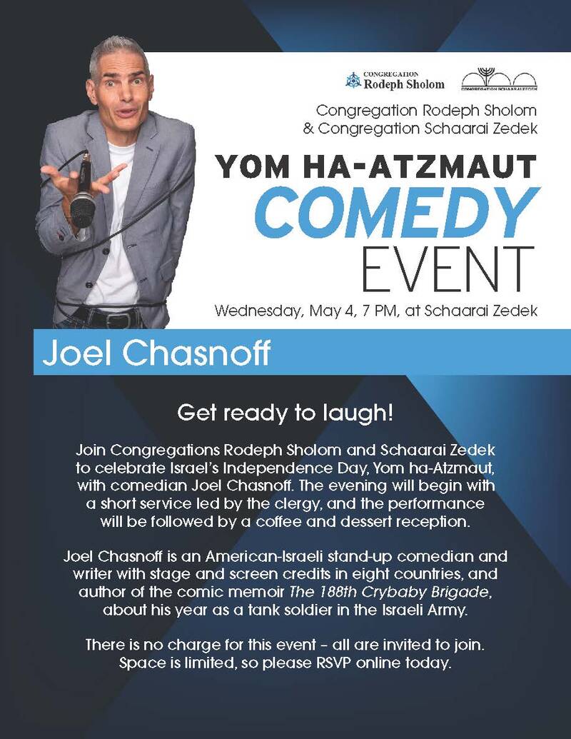 Banner Image for  Congregations Rodeph Sholom and Schaarai Zedek Celebrate Israel’s Independence Day, Yom ha-Atzmaut, with comedian Joel Chasnoff